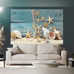 Shiplap design beach home decor starfish jellyfish coral ocean life art artwork